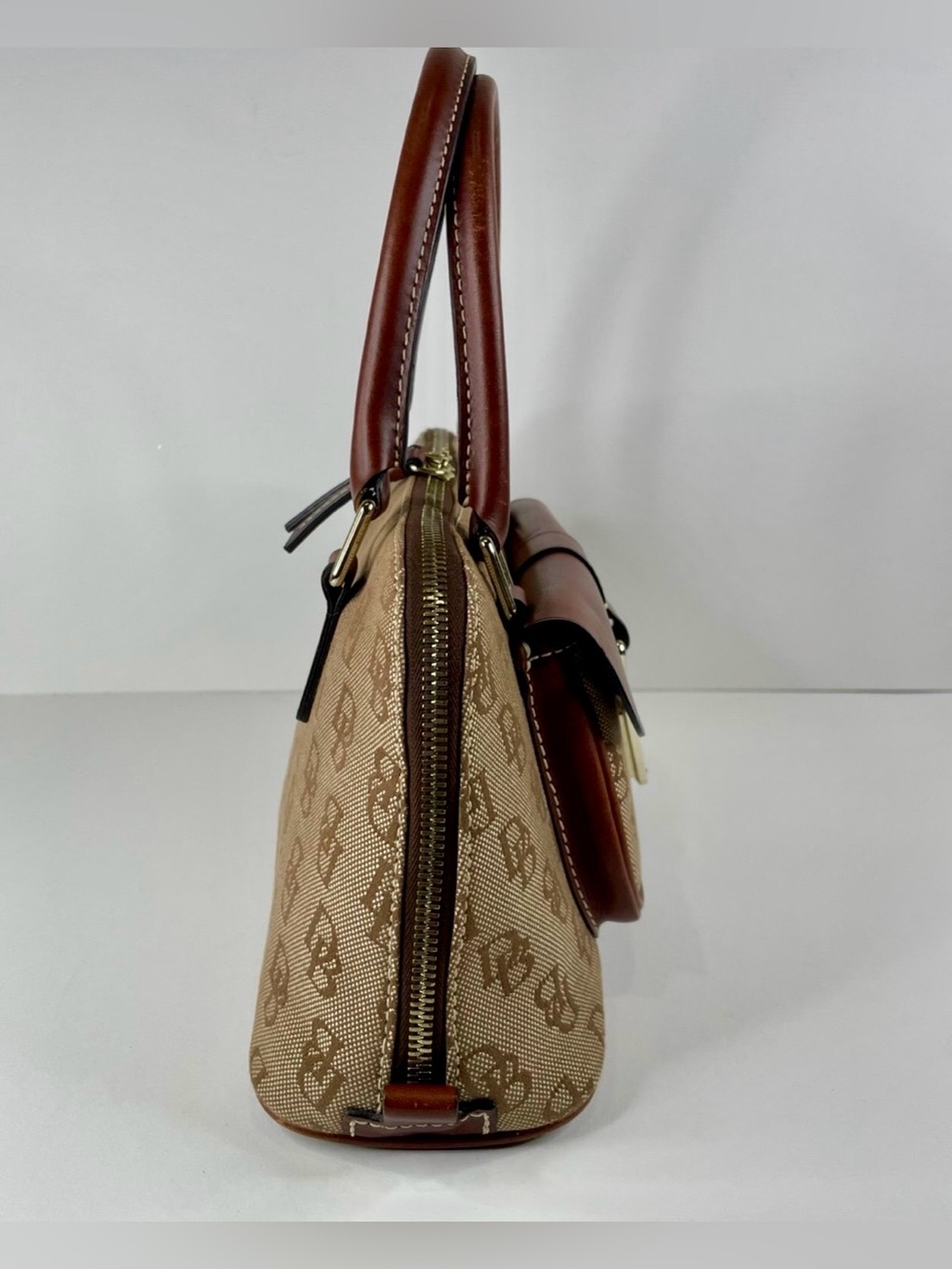 Dooney & Bourke Tan Logo Satchel with Brown Leather Accents - Picture 4 of 11